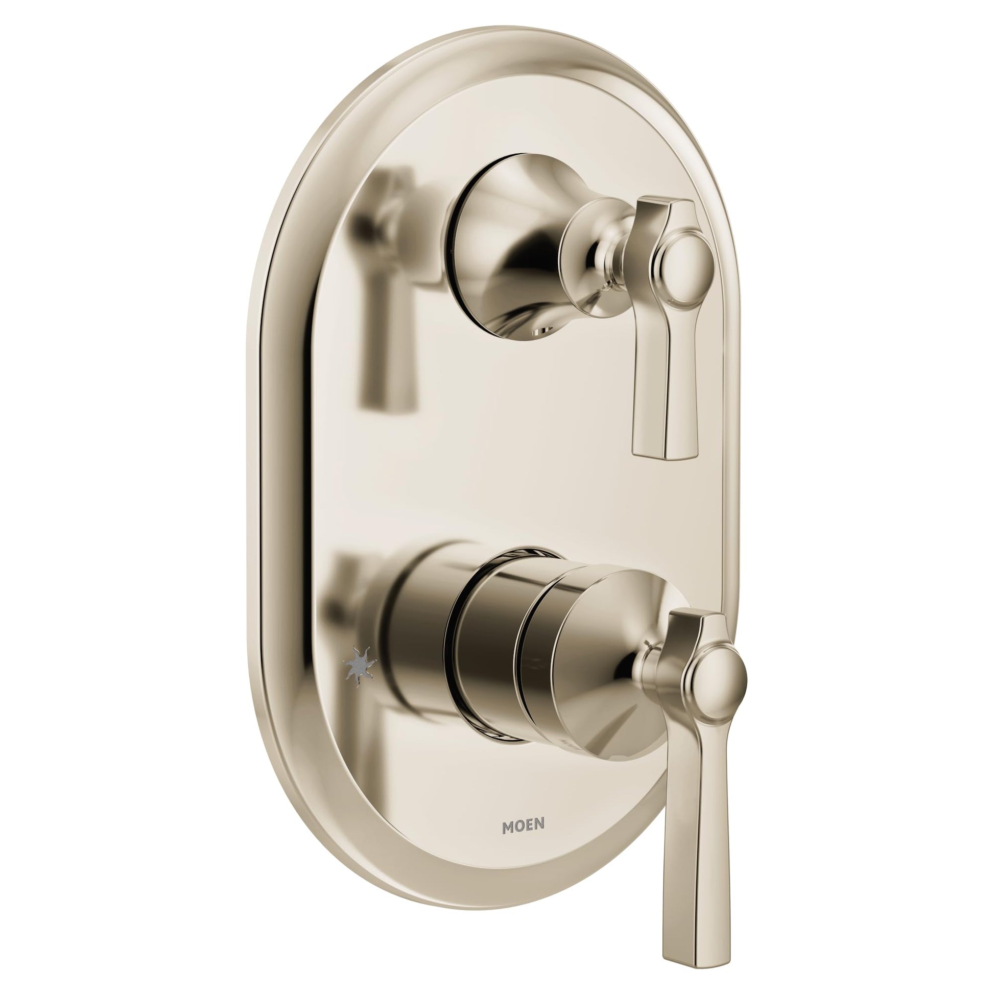 Polished nickel shower trim with oval escutcheon, two lever handles, and integrated transfer valve.