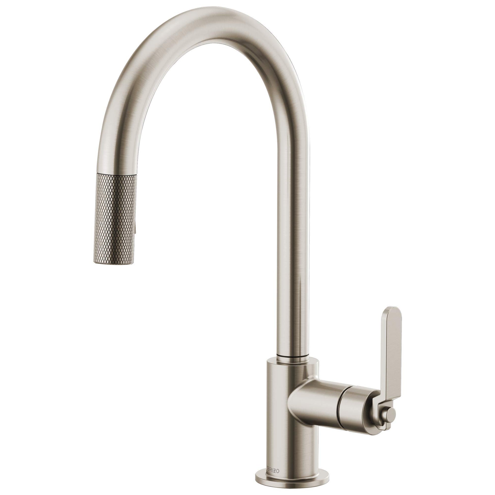 Stainless steel pull-down kitchen faucet with curved arc spout, textured handle grip, and single lever control.