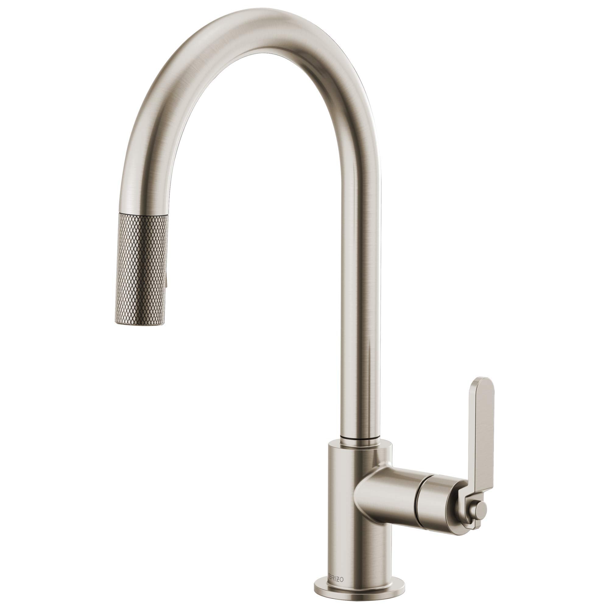 Stainless steel pull-down kitchen faucet with curved arc spout, textured handle grip, and single lever control.