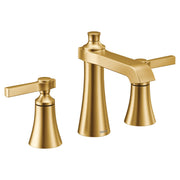 Brushed gold two-handle bathroom faucet with lever handles and tapered cone-shaped spout bases.