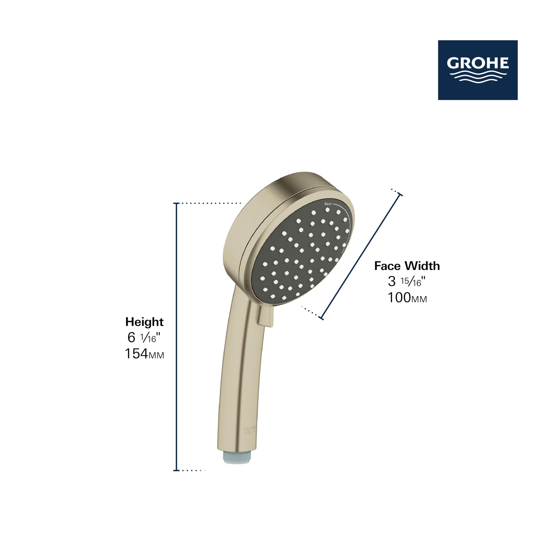 Brushed nickel handheld showerhead with perforated face and grip handle, showing dimensions and Grohe branding.