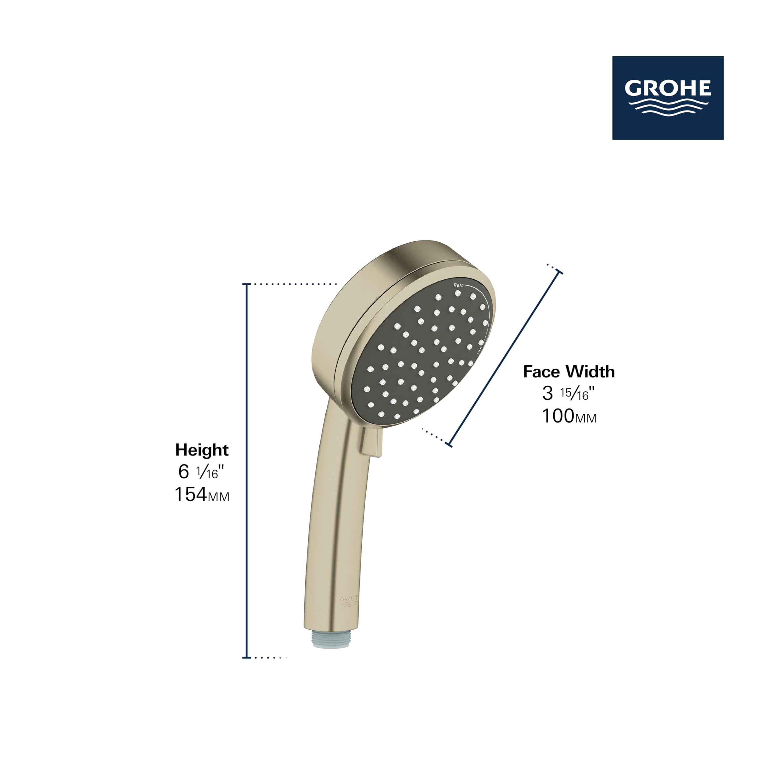 Brushed nickel handheld showerhead with perforated face and grip handle, showing dimensions and Grohe branding.