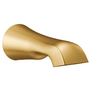Brushed gold curved tub spout with angled outlet and slip fit connection.