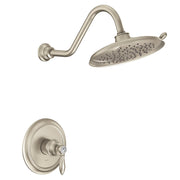 Brushed nickel shower trim kit with curved arm, oval showerhead with spray holes, and single-lever wall valve.