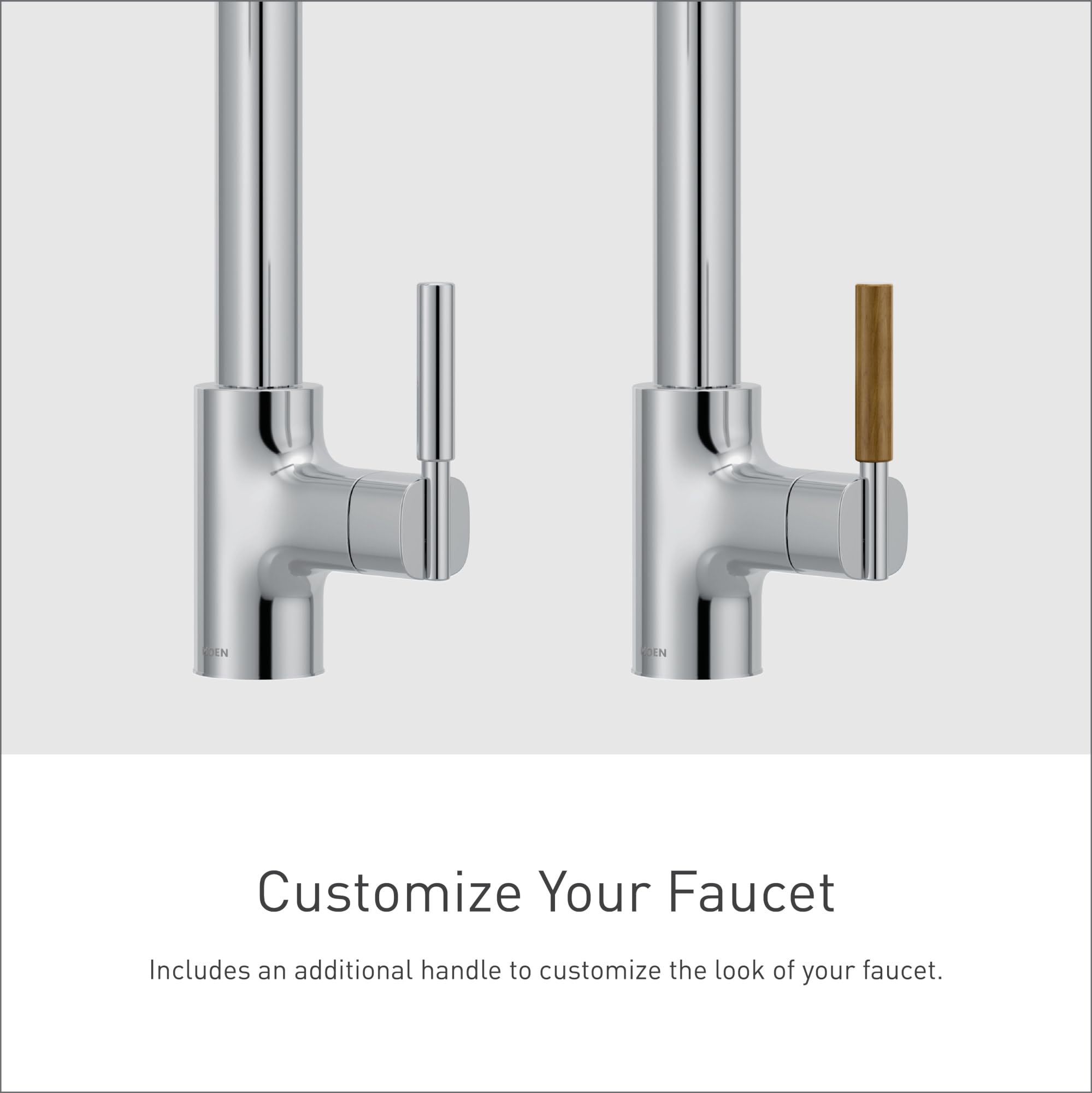 Chrome kitchen faucet with pulldown spray shown with chrome and wood accent handles.