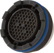 Black and gray aerator with honeycomb mesh screen and blue rubber seal ring with threaded connection base.