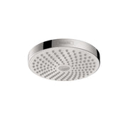 Round white and chrome shower head with multiple spray jets arranged in concentric circles.