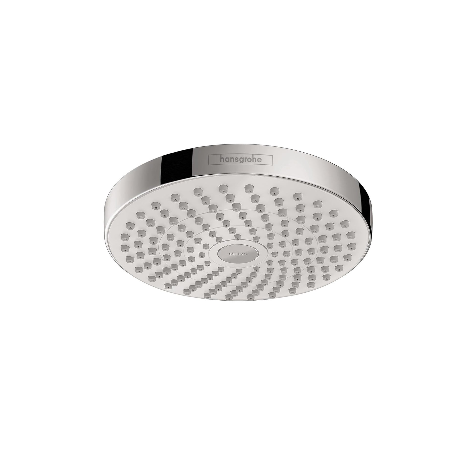 Round white and chrome shower head with multiple spray jets arranged in concentric circles.