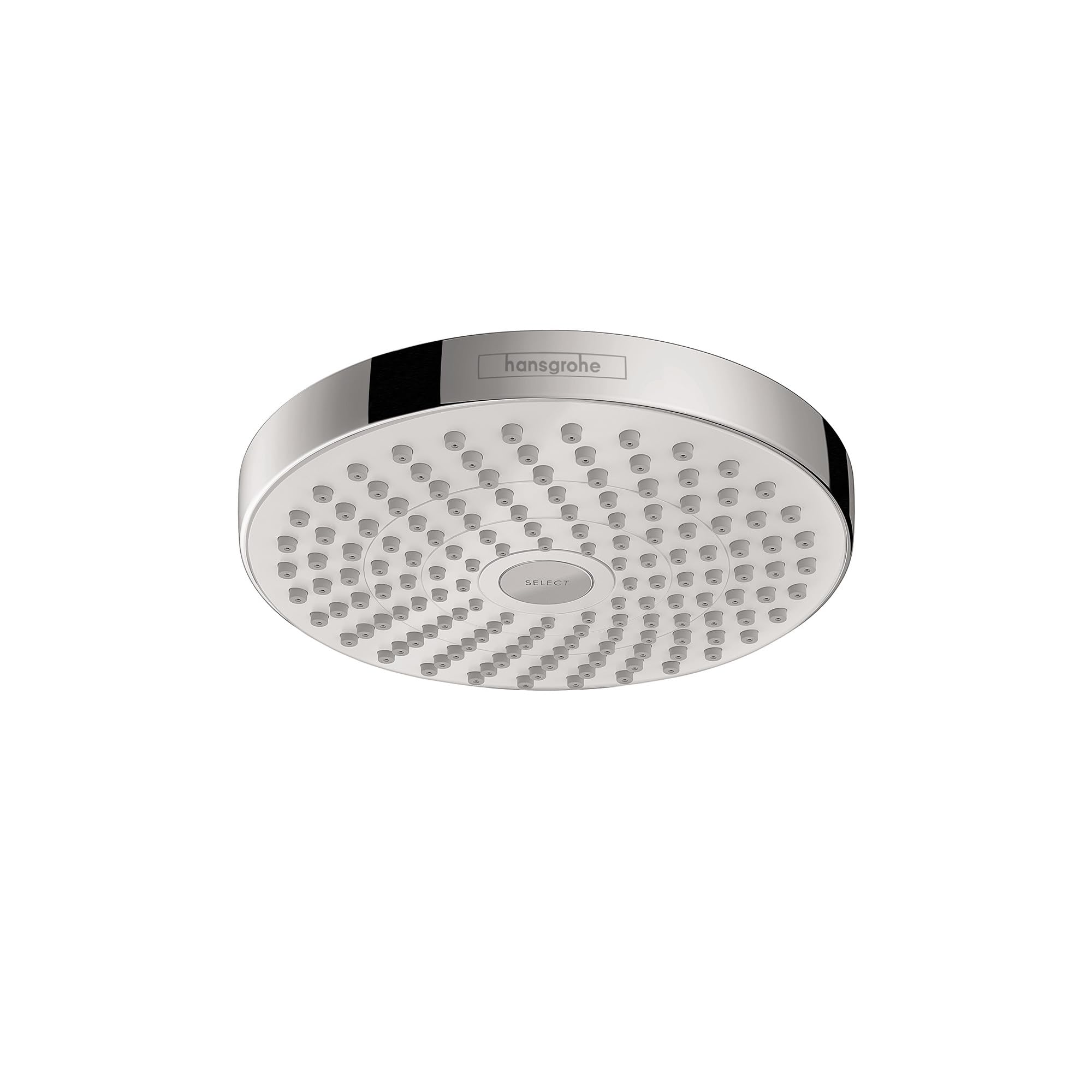 Round white and chrome shower head with multiple spray jets arranged in concentric circles.