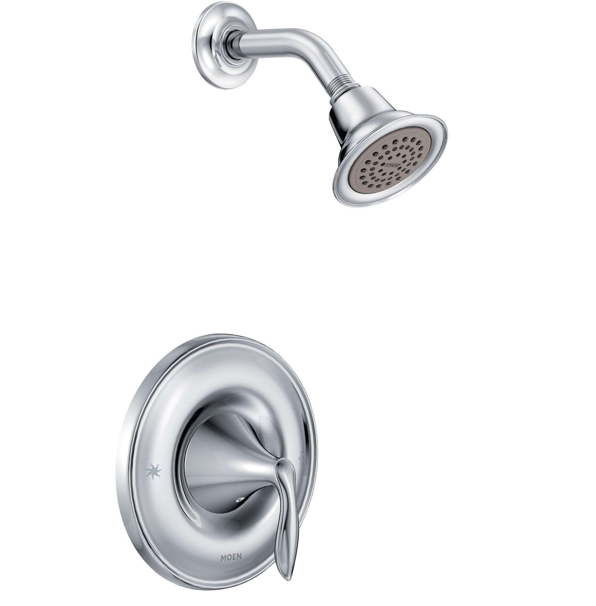 Chrome showerhead with curved arm and wall-mounted valve trim with lever handle.
