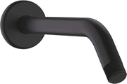 Matte black curved shower arm with circular wall flange and threaded end connector.