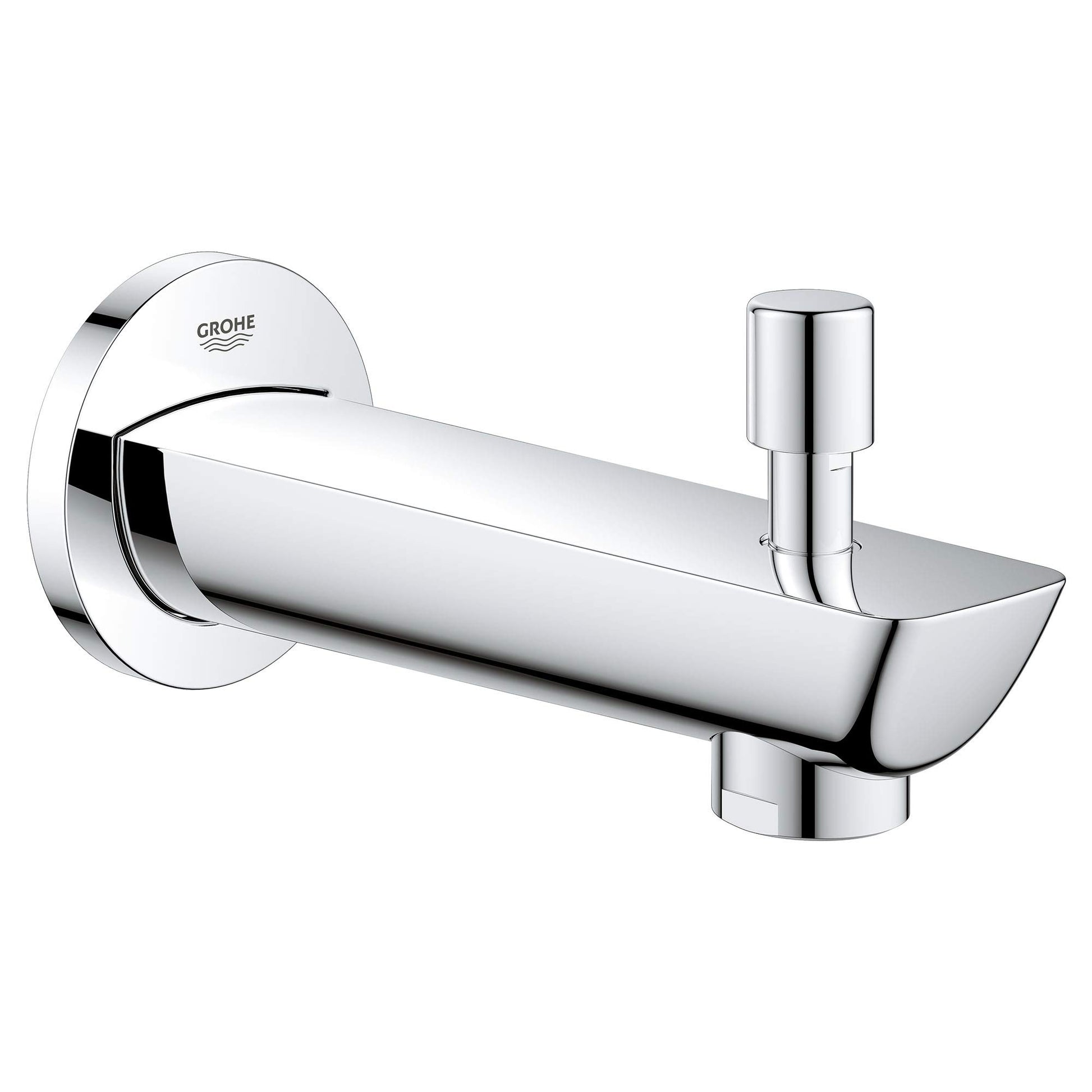 Chrome tub spout with diverter lever and circular wall flange, curved cylindrical body sloping downward.