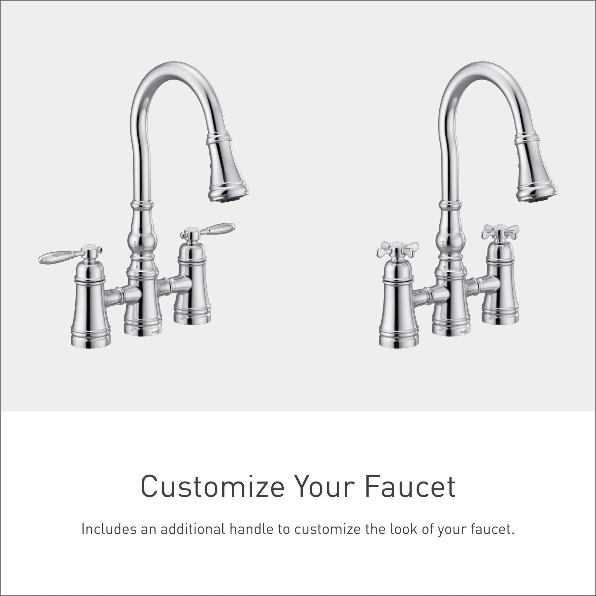 Chrome bridge kitchen faucet with two lever handles, pulldown spout, and interchangeable handle options.