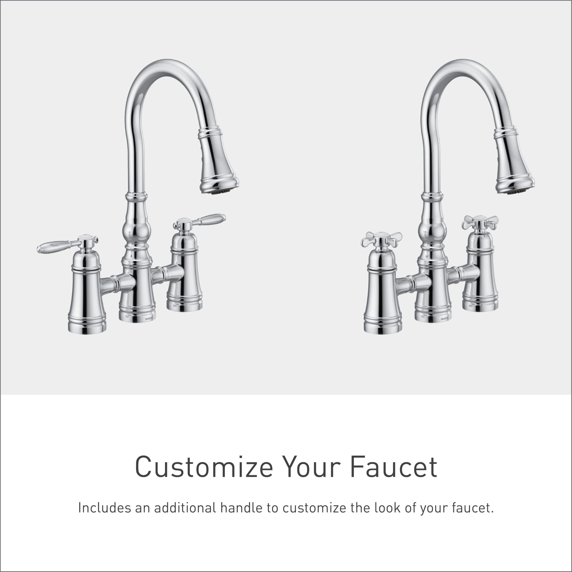Chrome bridge kitchen faucet with two lever handles, pulldown spout, and interchangeable handle options.