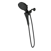 Matte black 7-inch round shower head with handheld spray wand connected by flexible hose and wall mount bracket.