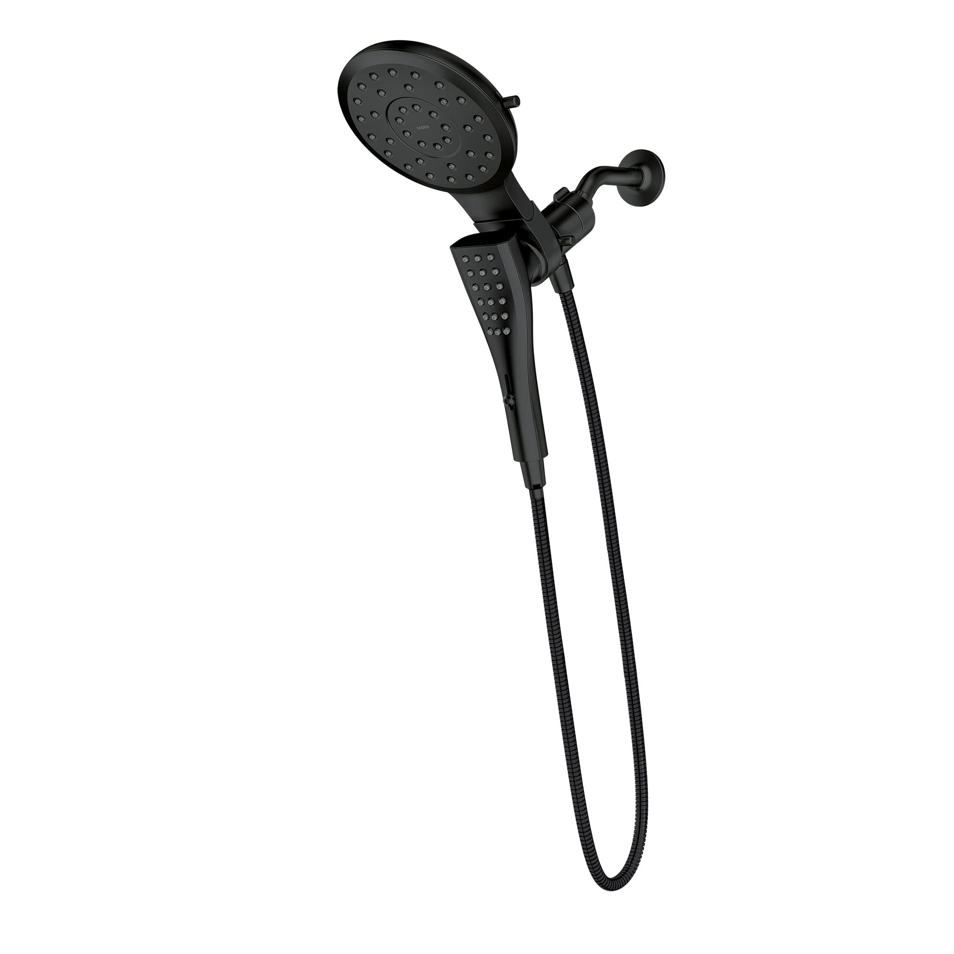 Matte black 7-inch round shower head with handheld spray wand connected by flexible hose and wall mount bracket.