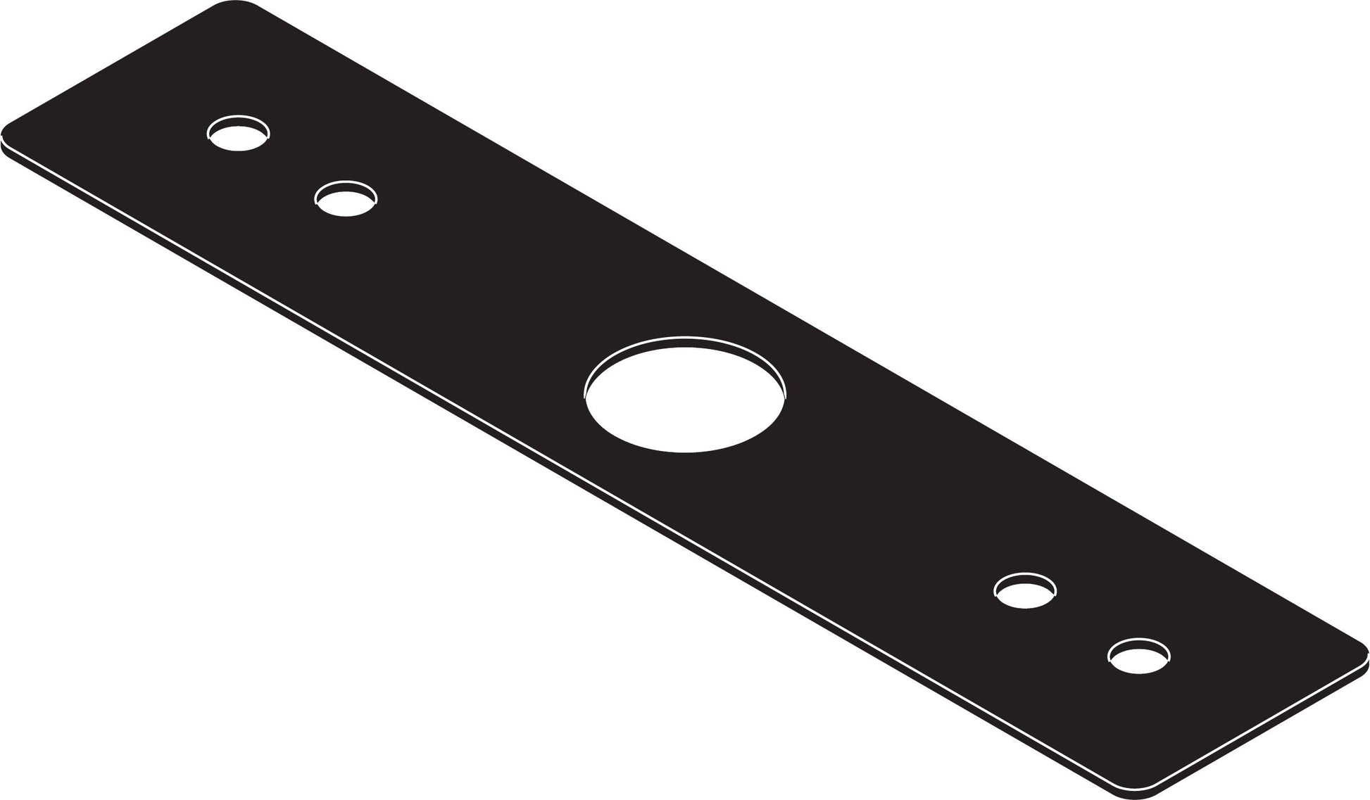 Black rectangular gasket with one large oval opening and four small circular holes for single-handle kitchen faucet installat