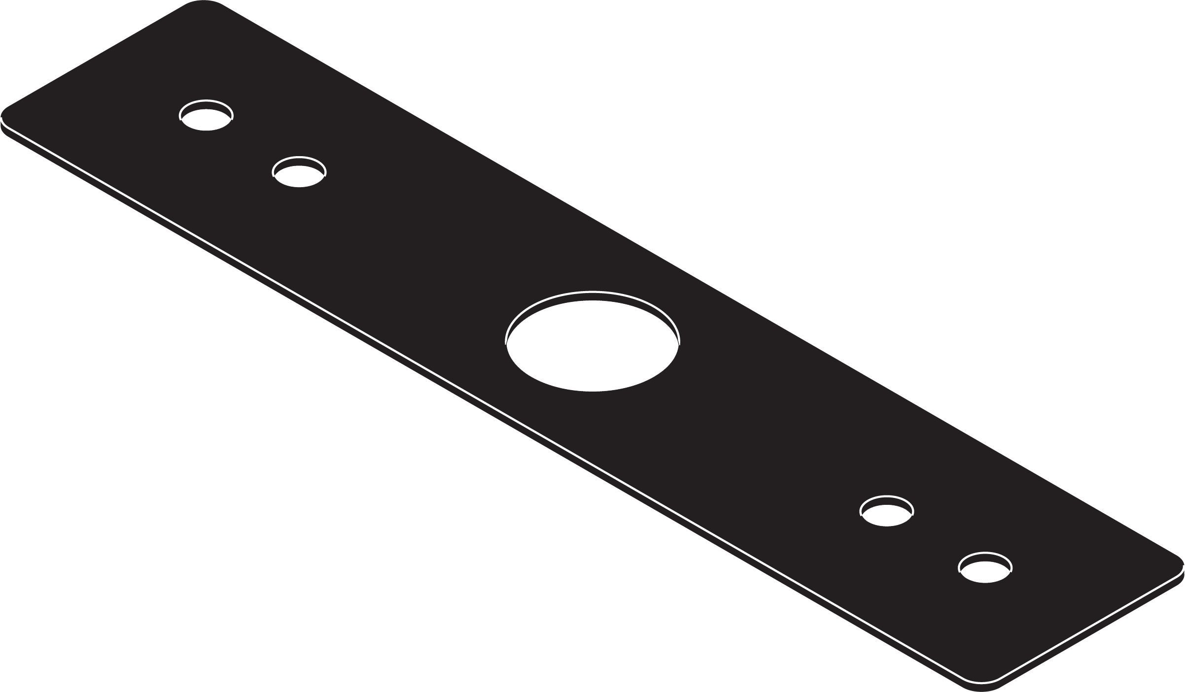 Black rectangular gasket with one large oval opening and four small circular holes for single-handle kitchen faucet installat