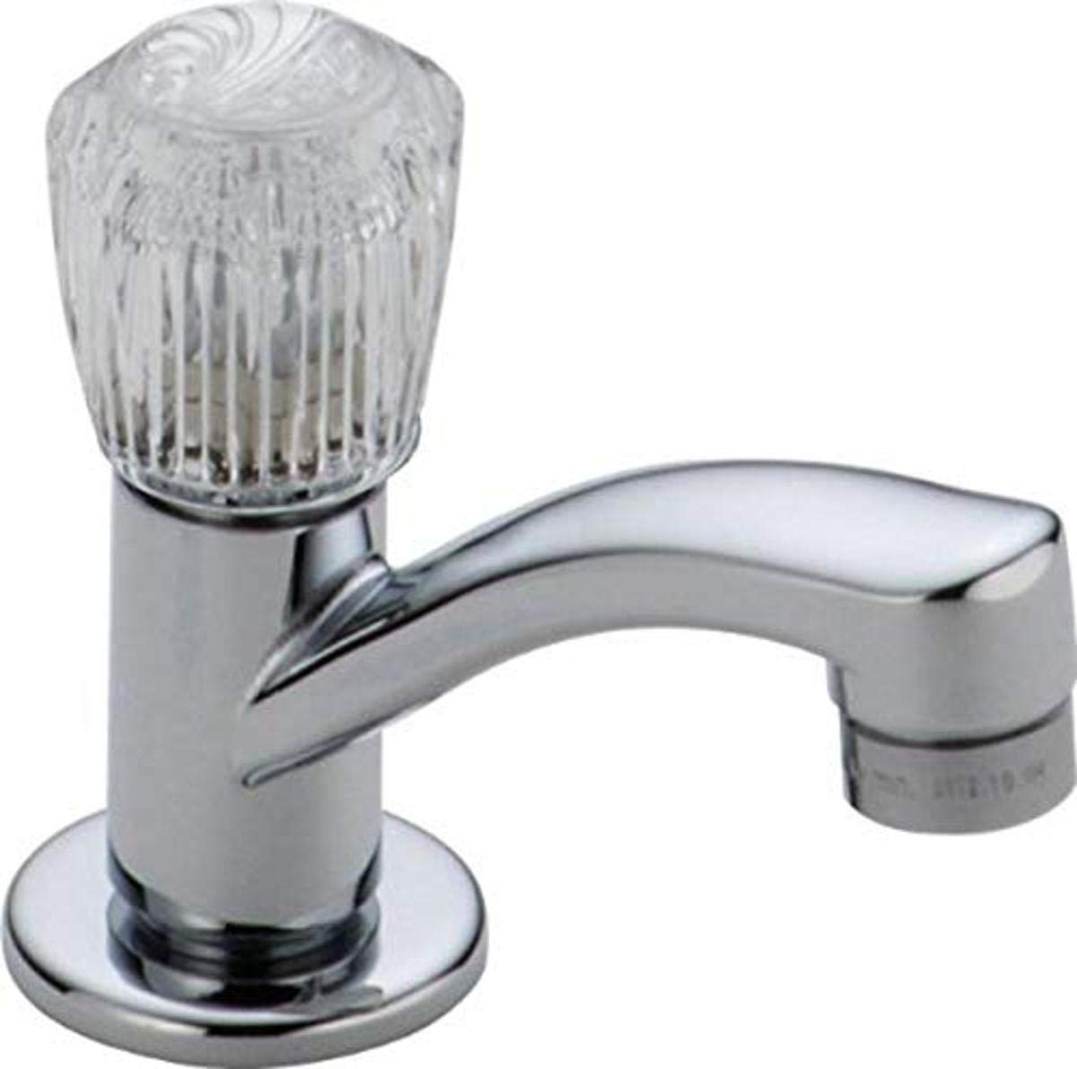 Chrome single-handle basin faucet with curved spout and clear ridged handle on round base.