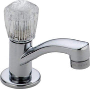 Chrome single-handle basin faucet with curved spout and clear ridged handle on round base.