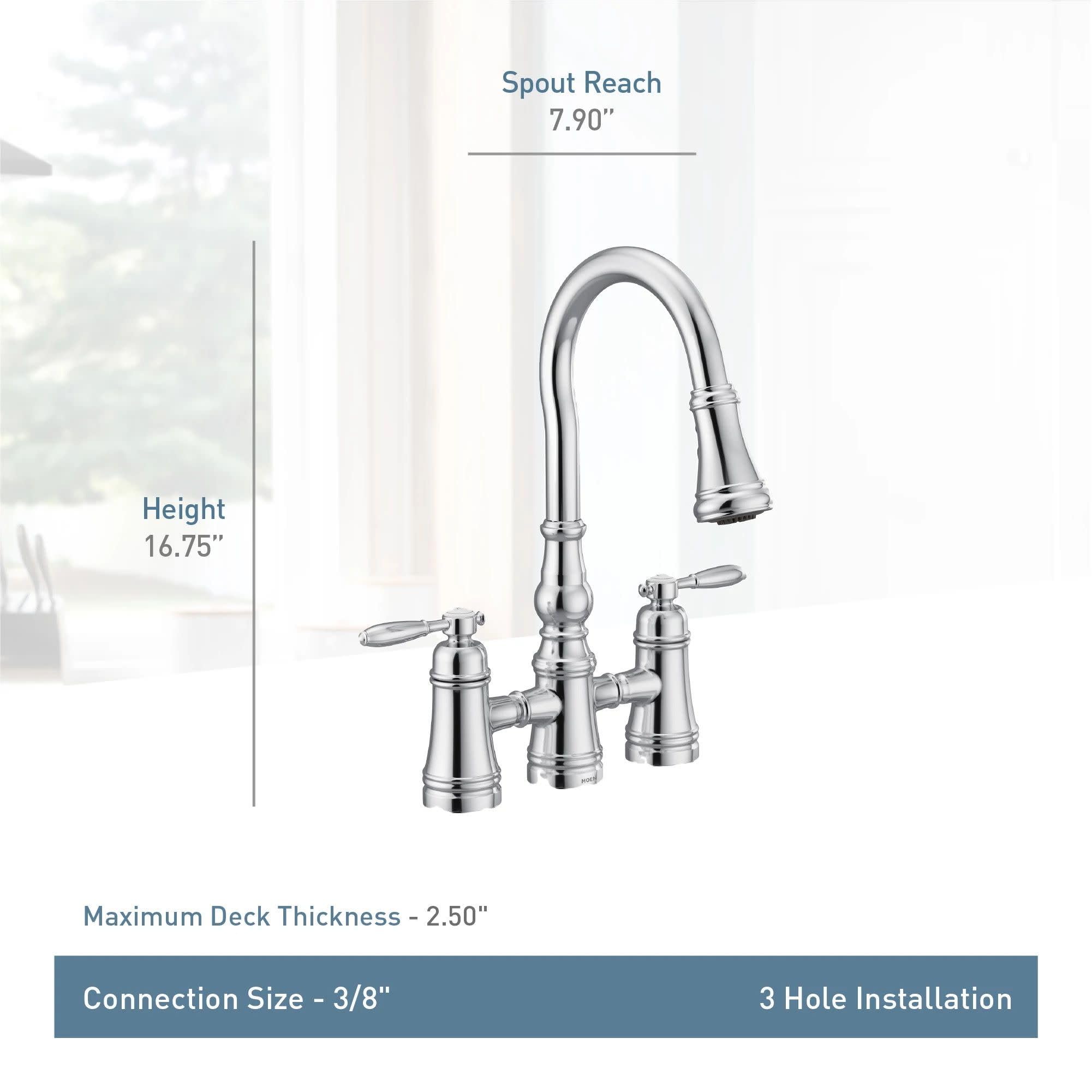 Moen Weymouth Two Handle Pulldown Bridge Kitchen Faucet Polished in Polished Nickel - S73204NL