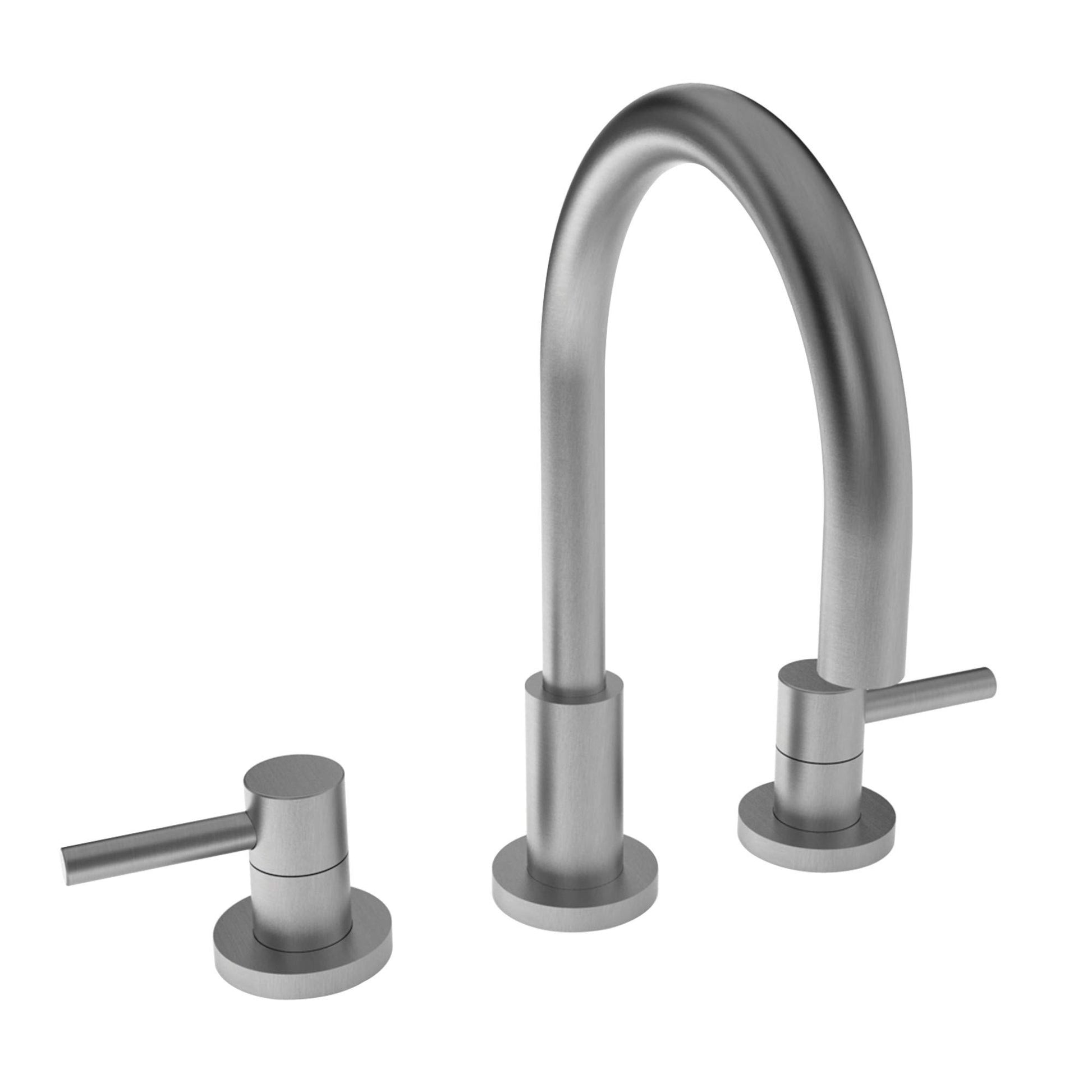 Satin nickel widespread lavatory faucet with curved spout and two lever handles on circular bases.
