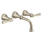 Brushed nickel wall-mount bathroom faucet trim with curved spout and two lever handles on bell-shaped escutcheons.