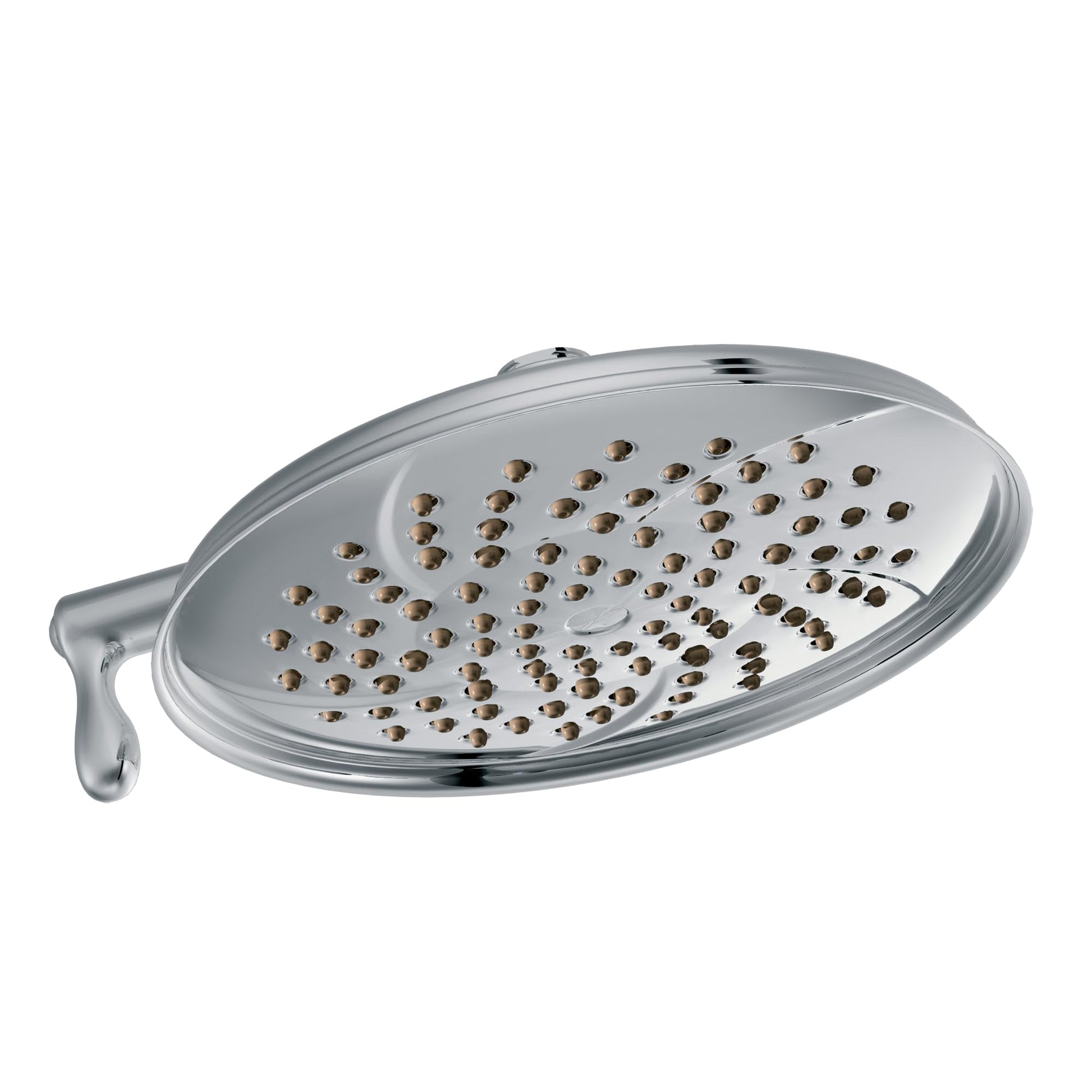 Chrome showerhead with oval face, multiple spray holes, and curved arm extending left.