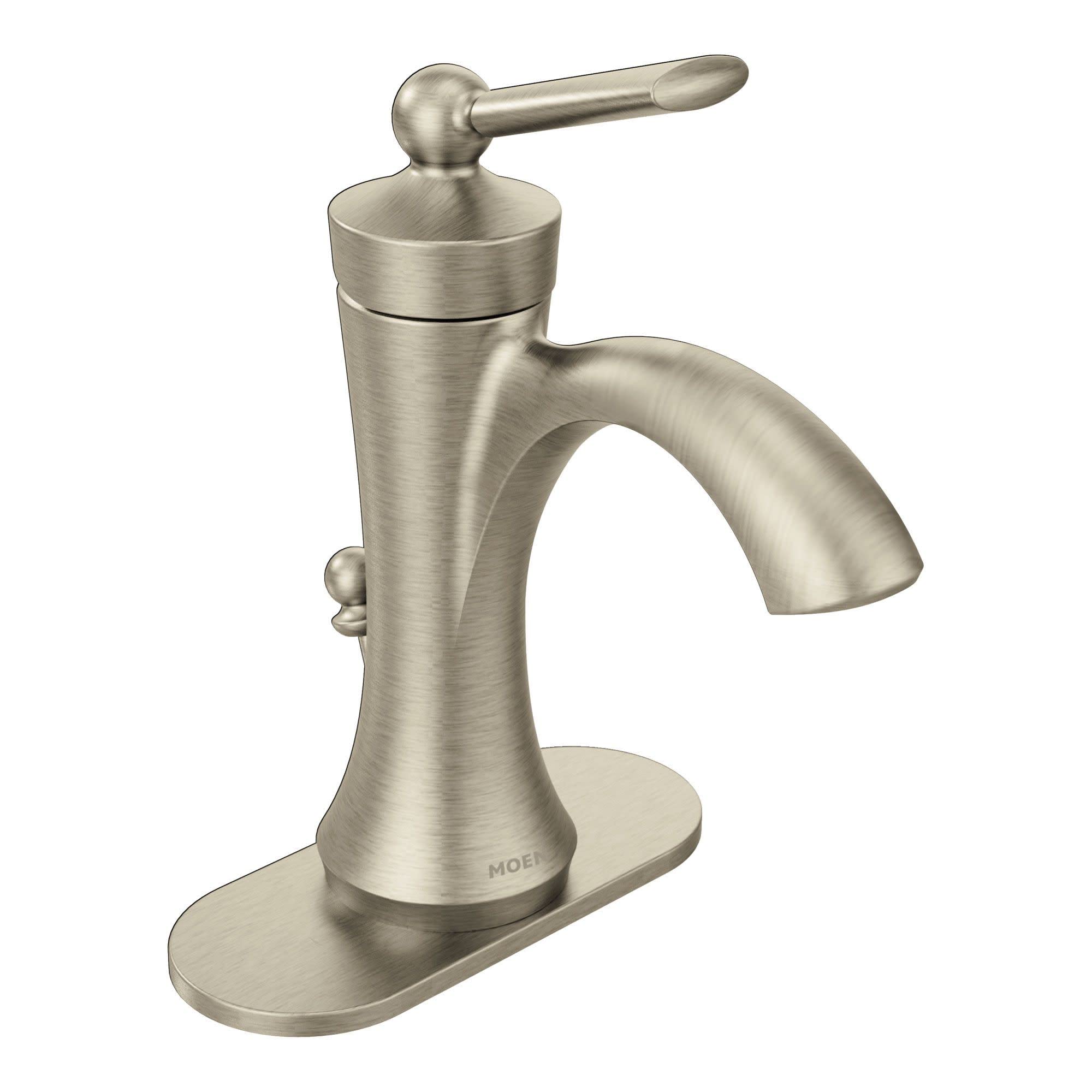 Brushed nickel single-handle bathroom faucet with high arc spout and oval base.