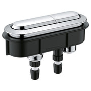 Chrome and black dual flush toilet actuator with oval-shaped button and mounting base with connectors.
