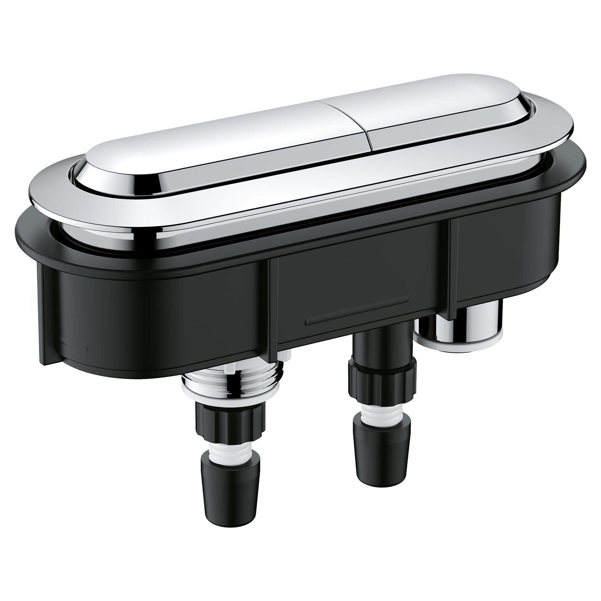 Chrome and black dual flush toilet actuator with oval-shaped button and mounting base with connectors.