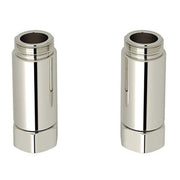 Two polished nickel cylindrical faucet adapter components with threaded ends and hollow centers.