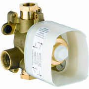 Brass thermostatic shower valve rough-in with white trim ring, featuring inlet and outlet ports with adjustment mechanisms.