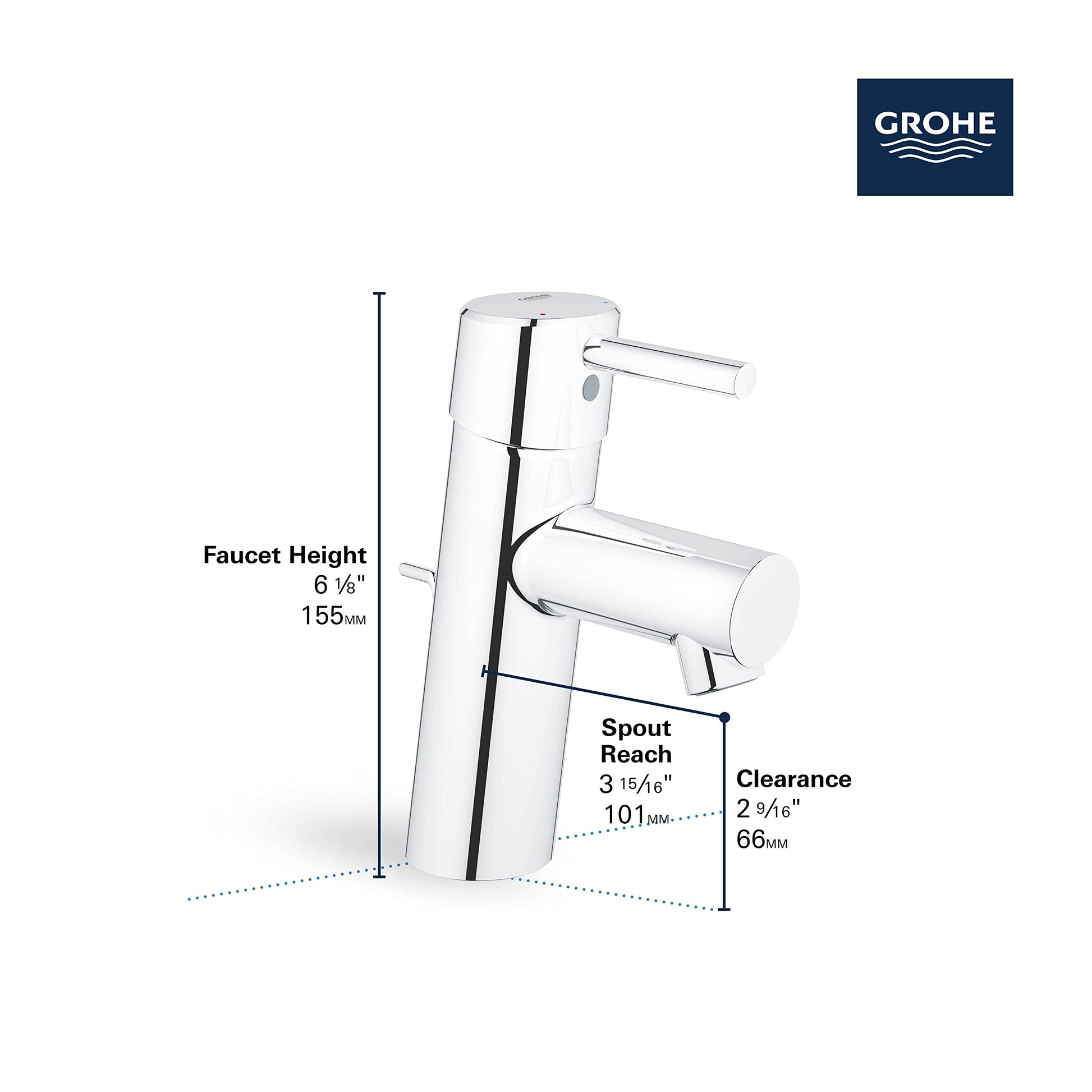 Grohe Concetto single-handle bathroom faucet in chrome with dimensions labeled for height, spout reach, and clearance.