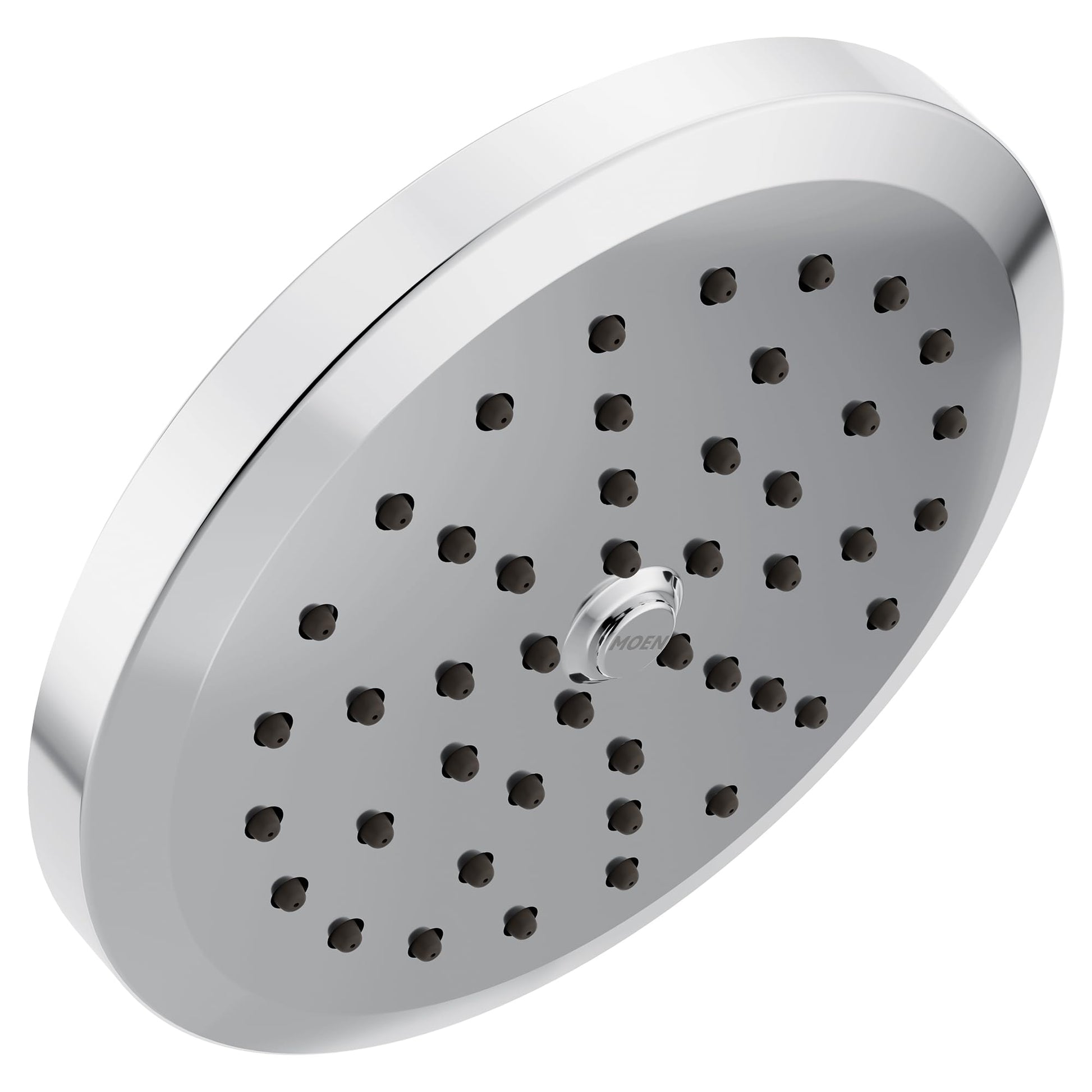 Chrome rain showerhead with circular face and multiple spray holes.