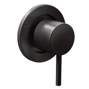 Matte black valve trim with cylindrical handle and circular trim plate on white background.