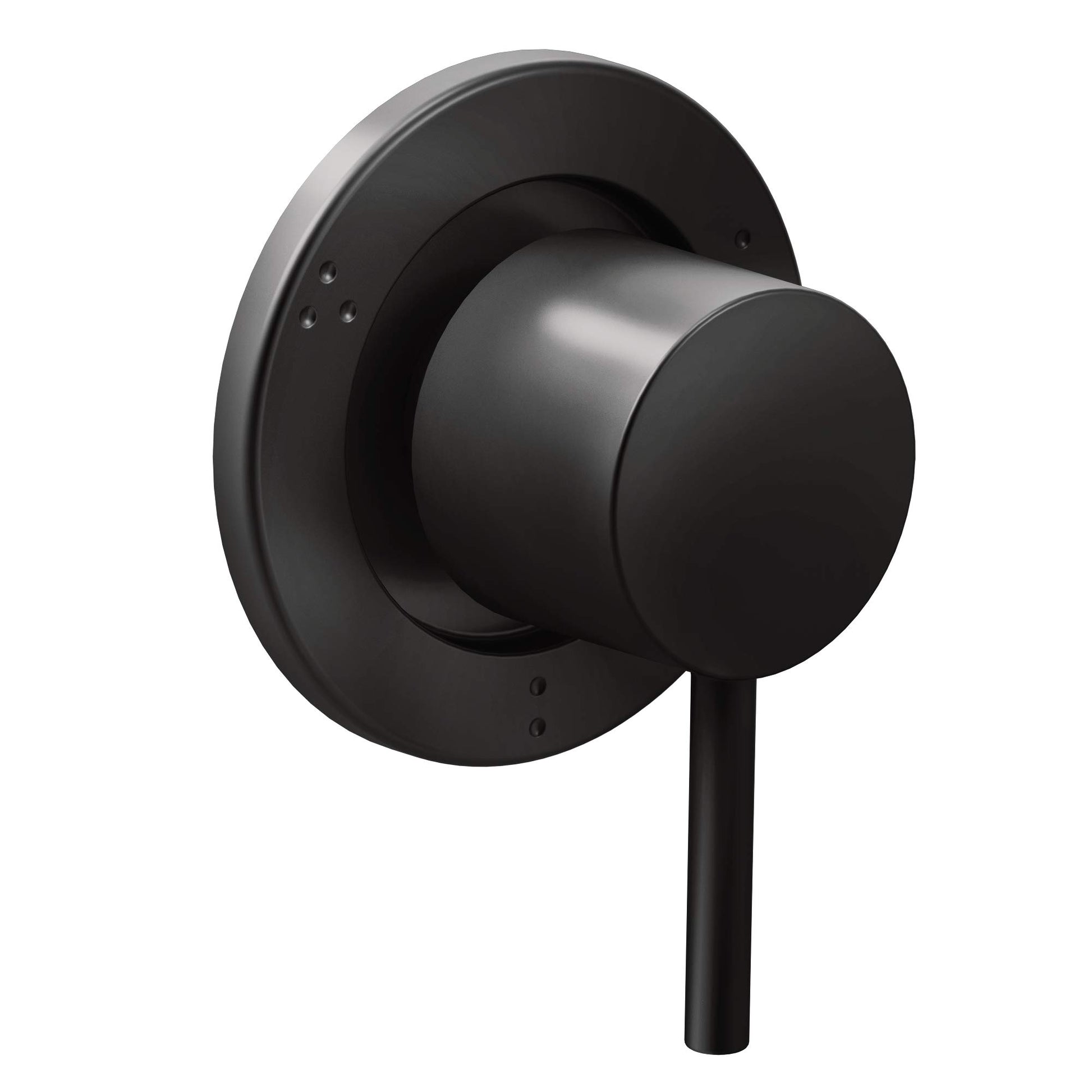 Matte black valve trim with cylindrical handle and circular trim plate on white background.