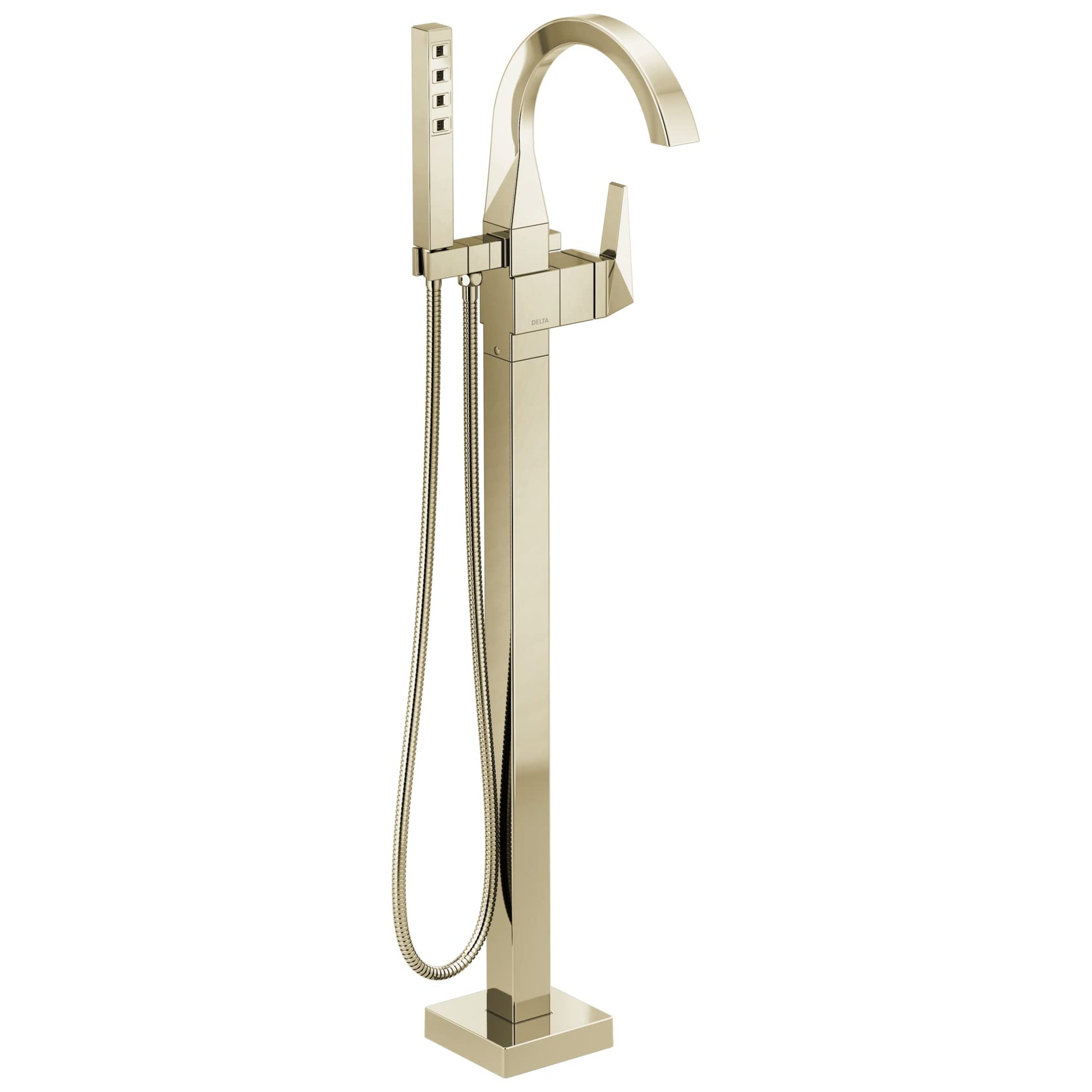Champagne-colored floor-mount tub filler with single curved handle, hand shower, and flexible hose.