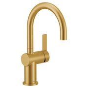 Brushed gold single-handle bar faucet with high arched spout and cylindrical lever handle.