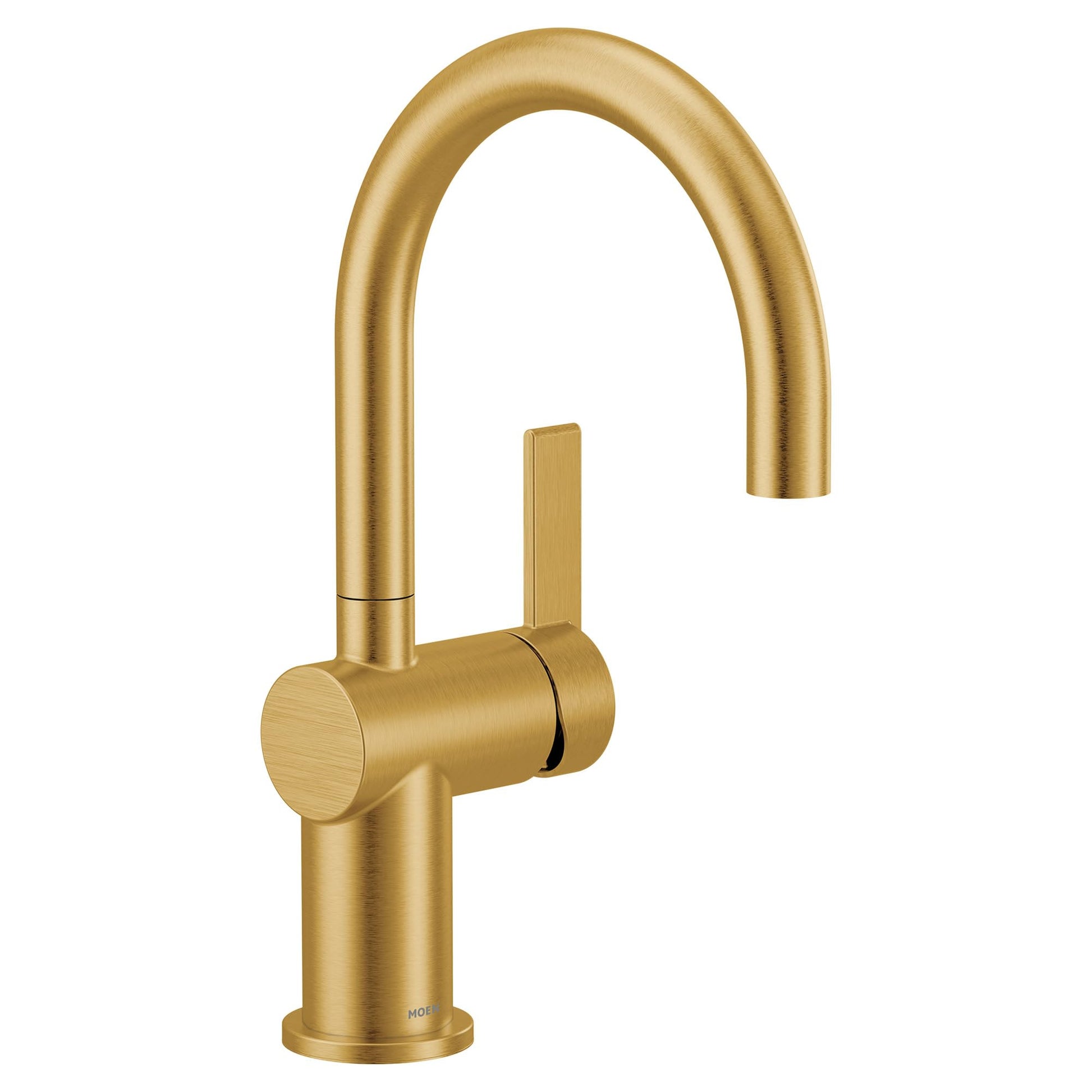 Brushed gold single-handle bar faucet with high arched spout and cylindrical lever handle.