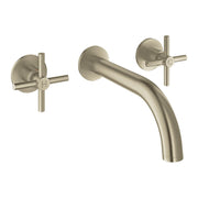 Brushed nickel wall-mounted faucet with two cross handles and curved spout.