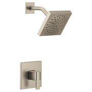 Brushed nickel shower trim kit with square showerhead, curved arm, and single handle valve control.