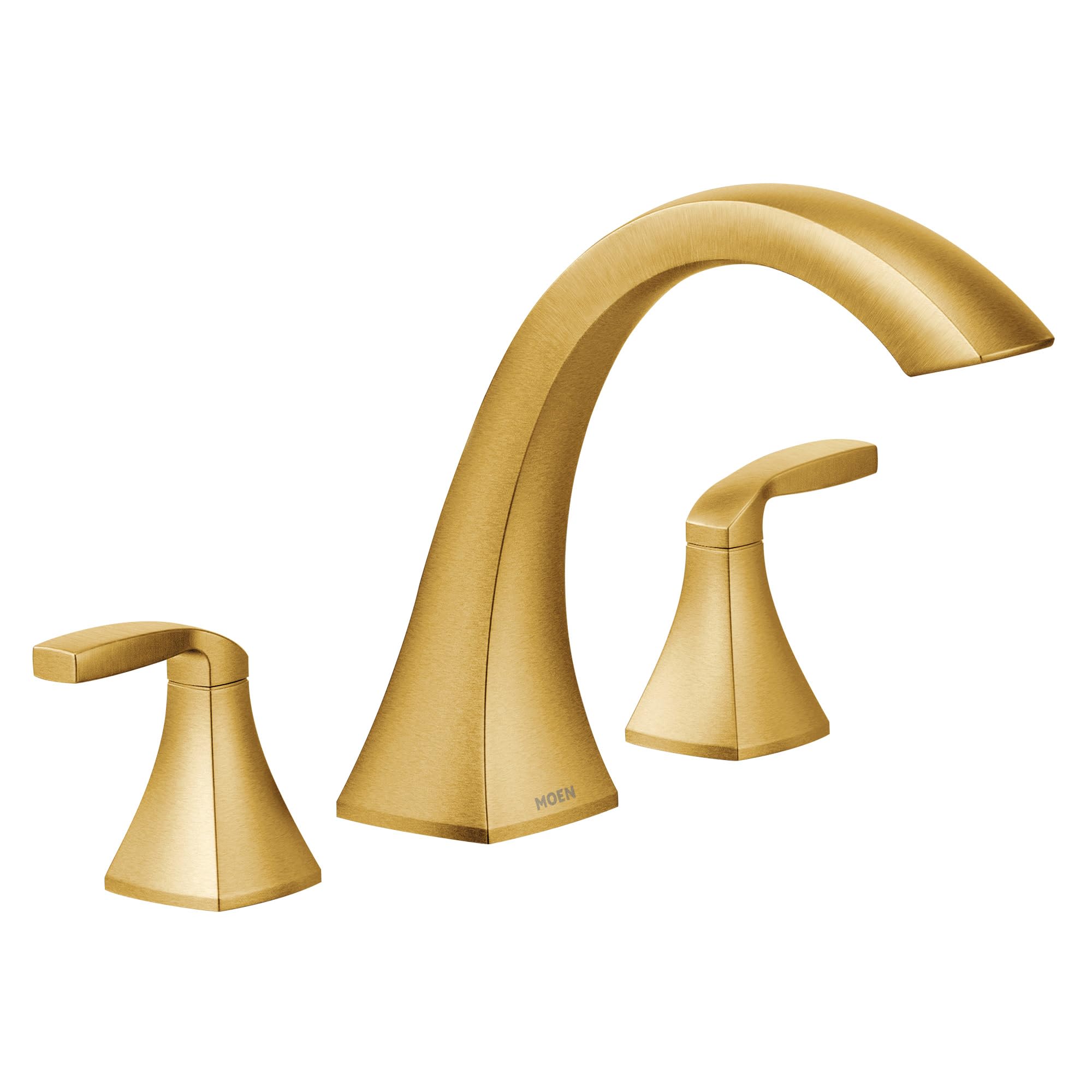 Gold deck mount Roman tub faucet with two handles and curved spout.