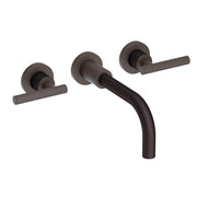 Oil-rubbed bronze wall-mount bathroom faucet with curved spout and two lever handles.