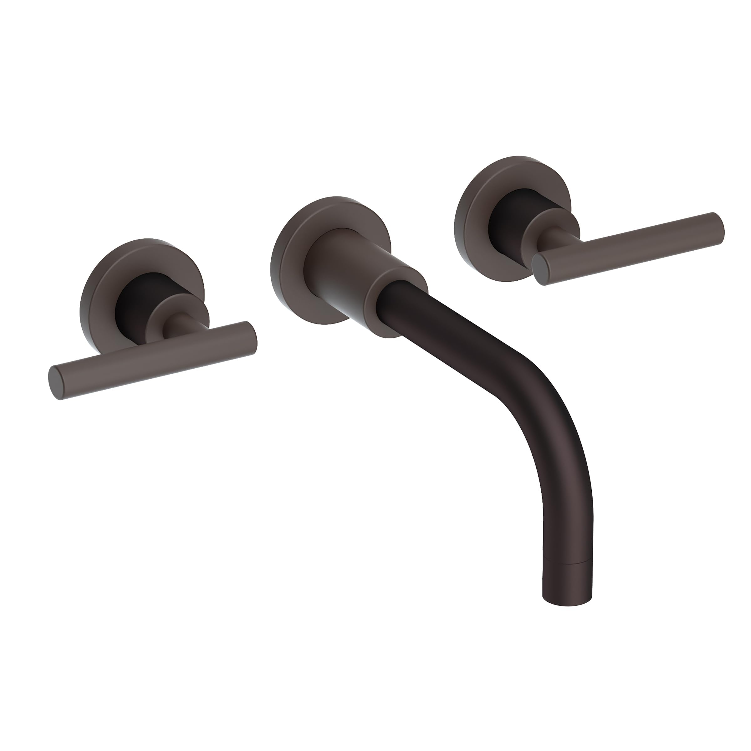 Oil-rubbed bronze wall-mount bathroom faucet with curved spout and two lever handles.