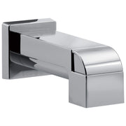 Chrome tub spout with curved outlet and square wall-mounted base featuring pull-up diverter mechanism.