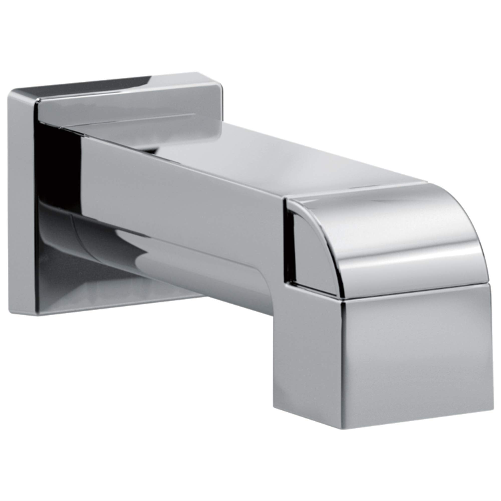 Chrome tub spout with curved outlet and square wall-mounted base featuring pull-up diverter mechanism.