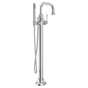 Chrome freestanding tub filler with curved spout, single lever handle, and detachable handshower on hose.