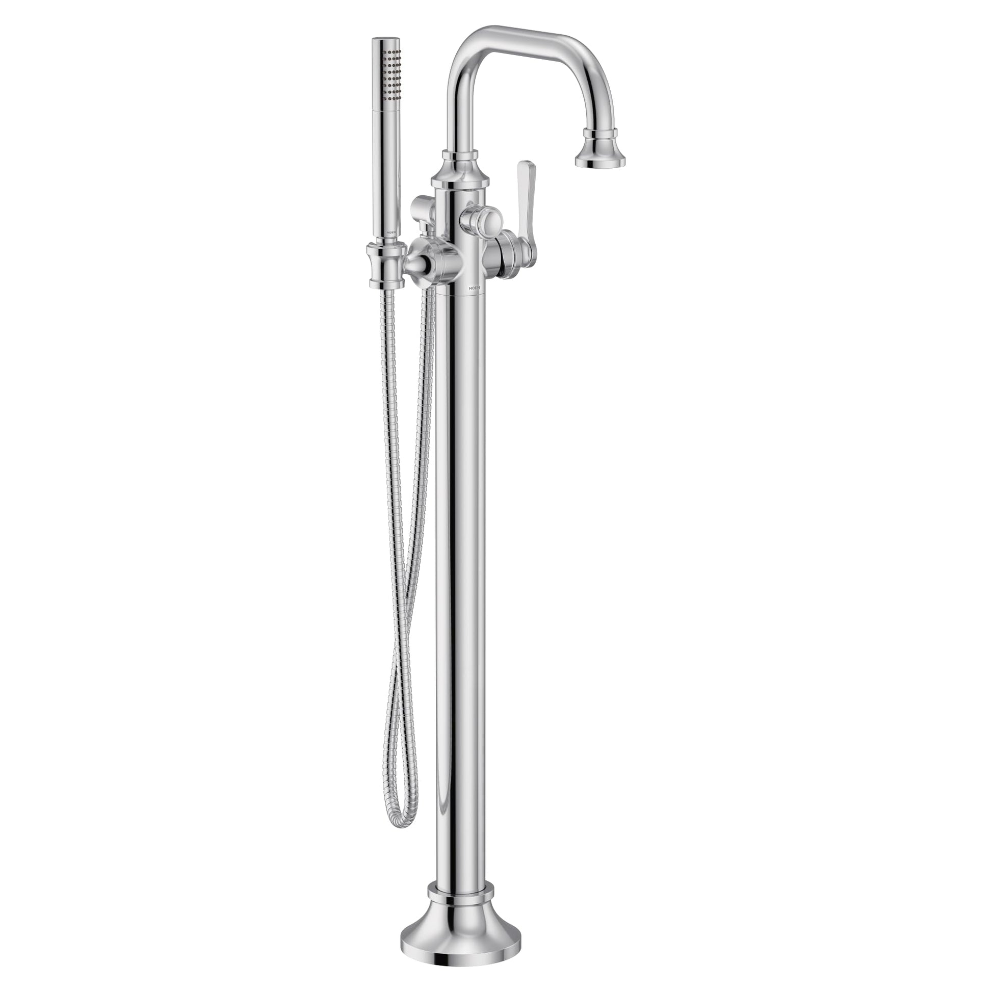 Chrome freestanding tub filler with curved spout, single lever handle, and detachable handshower on hose.