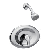 Chrome shower trim kit with single-handle valve, curved escutcheon plate, and matching showerhead with perforated face.